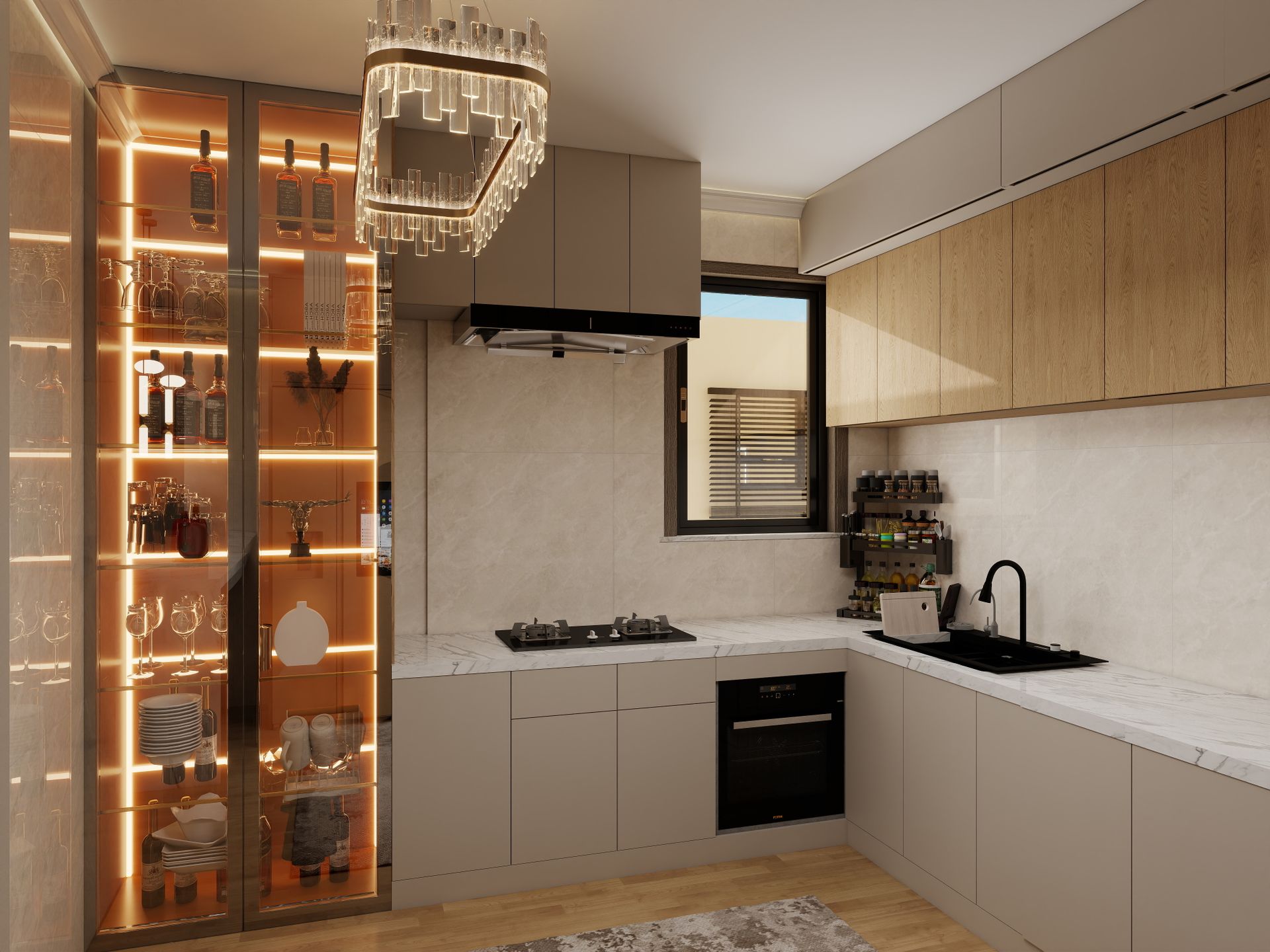 Bronze and walnut cabinetry
